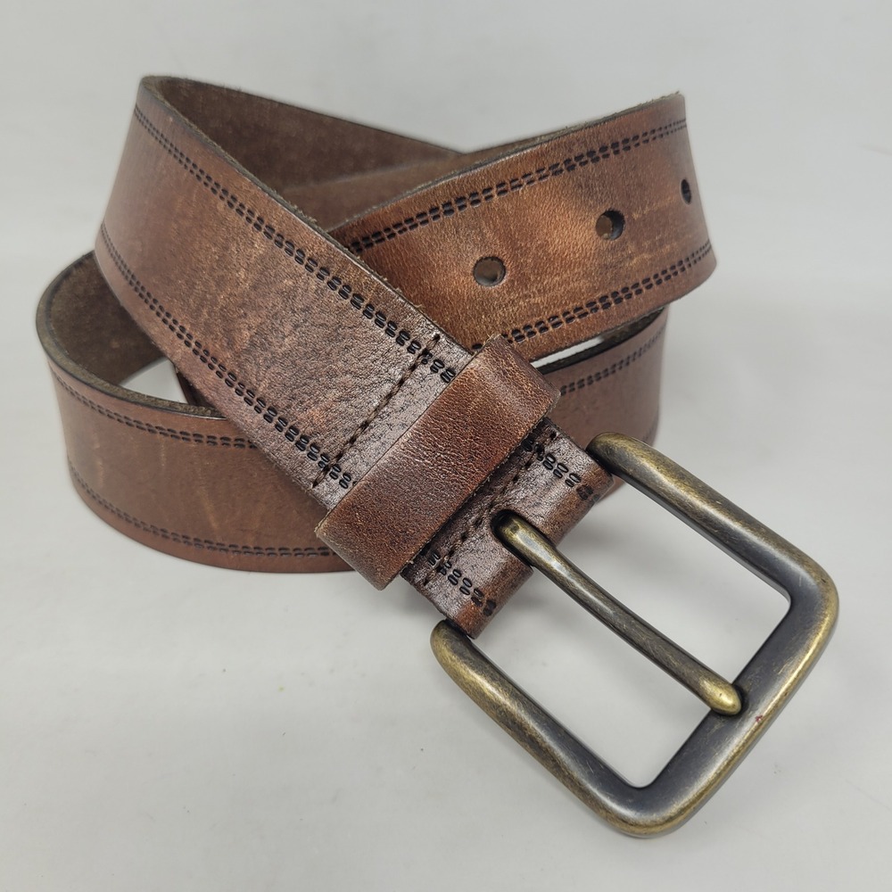 Fossil Belt Mens 36 Brown Leather Stitched Edge Casual Rugged Industrial Utility